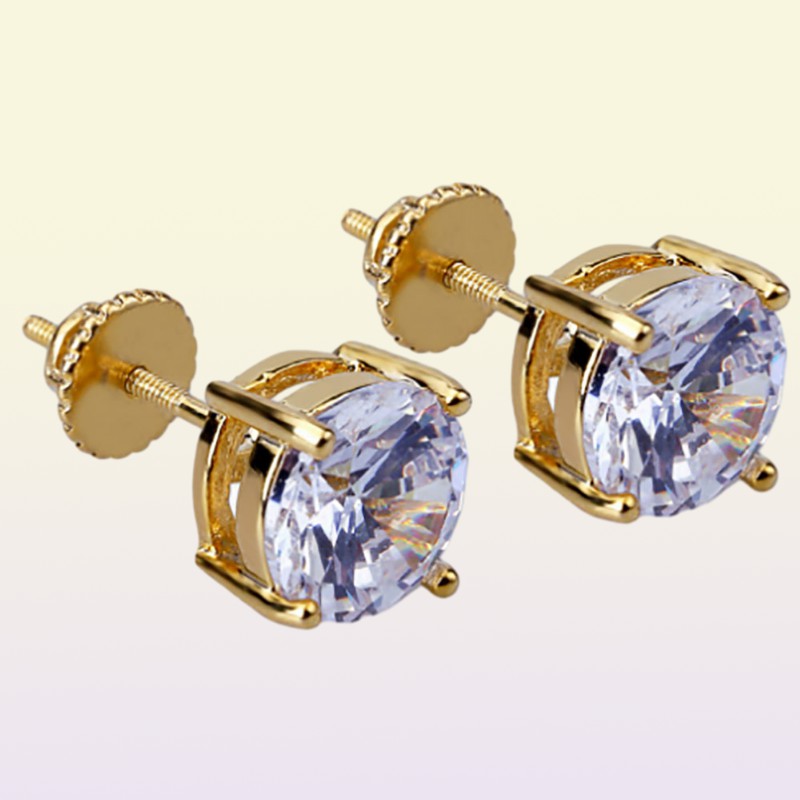 Boucles d'oreilles Bling Bling Round CZ Micro Pave Bling Bling Bling 14K Bijouts hip hop plaqués or Iced Out Boucles d'oreilles avec vis de sécurité Flat1632686