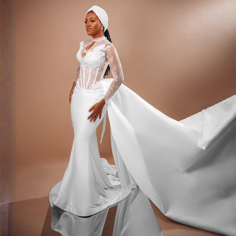 Mermaid Wedding Dress Arabic Aso Ebi Sheer High Neck Bridal Dress Long Sleeves Gowns Dresses African Arabic Charming Train Formal Bridal Gowns