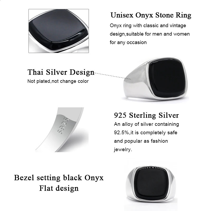 Bröllopsringar turkiska ring för män 925 Sterling Silver Black Onyx Square Natural Stone Rings Simple Classic Signet smycken till manliga kvinnor gåva231118