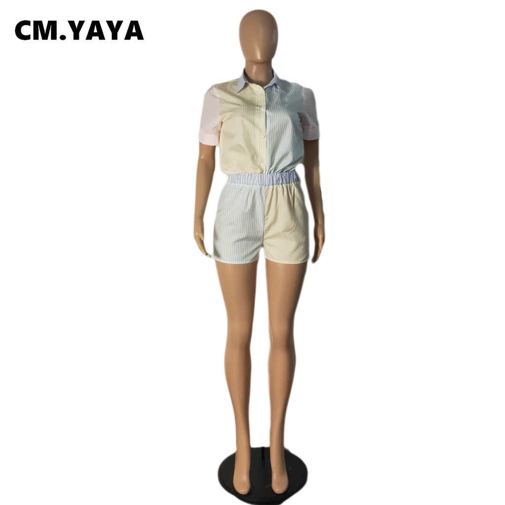 Survêtements pour femmes CM.YAYA Femmes Ensemble Patchwork À Manches Courtes Simple Boutonnage Top Stretch Shorts Deux Pièces Ensembles Mode Outfit Survêtement D'été 2021 P230419