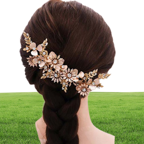 Hair Clips Barrettes Bride Wedding Grip Handmade Rhinestone Hairpin Retro Gold Flower Leaves Clip Headpeice Headband Accessories7040118