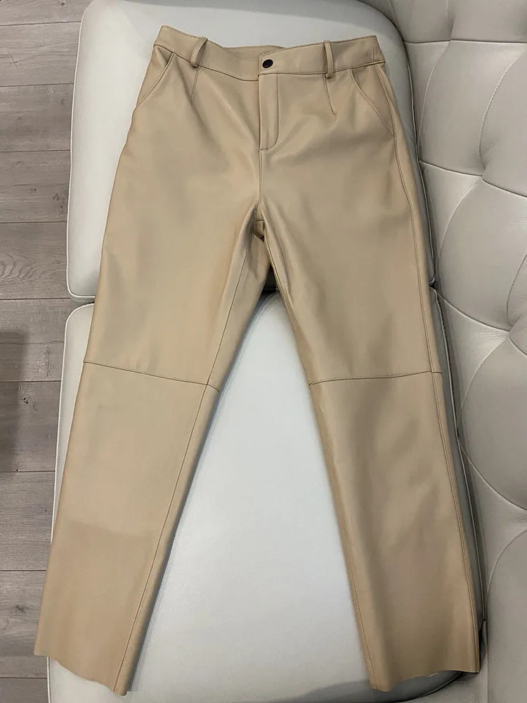 Calças femininas s cargo pant 2023 moda coreana primavera outono calças de couro genuíno streetwear 231118