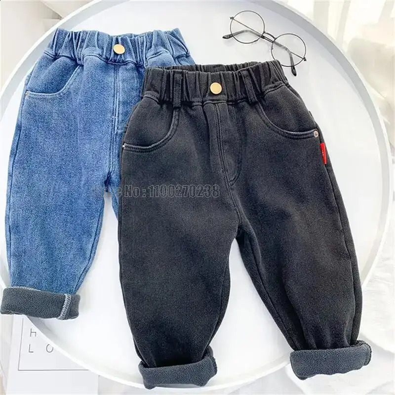 Pantalones niños unisex más polar invierno niños bebé engrosamiento cálido suave niña niños pantalones vaqueros elásticos 231120