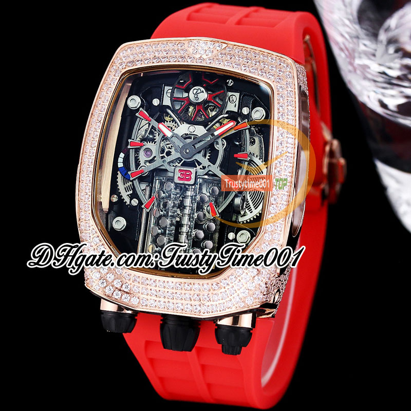 Bugatti Chiron Tourbillon Autoamtic Mens Watch 16 Cylinder Engine Skeleton Dial Iced Out Diamonds inlay Case Red Stick Rubber Strap trustytime001Watches BU200.40
