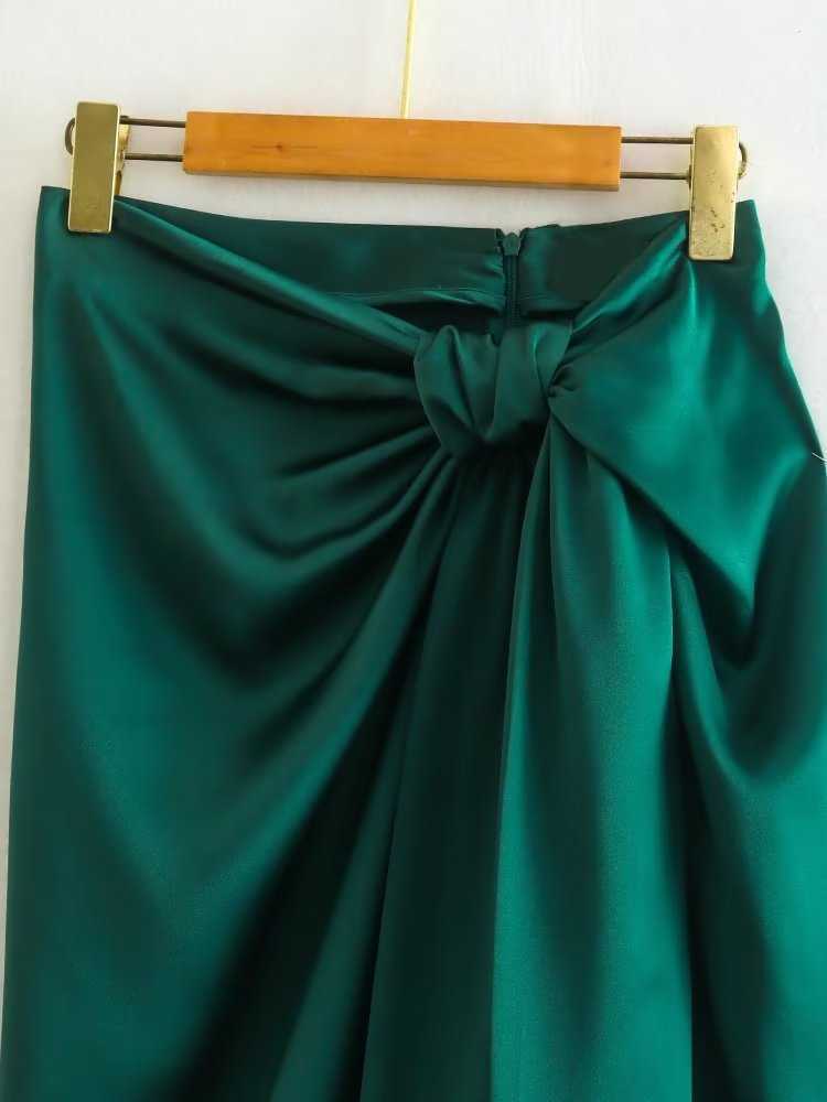 Jupes KEYANKETIAN printemps nouvelles femmes soie satin texture noeud décoration taille haute longue demi jupe vert foncé fente MIDI jupe P230420