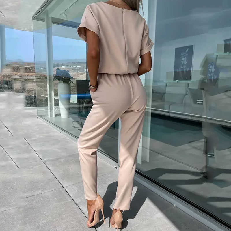 Kvinnors jumpsuits rompers liyong kvinnor jumpsuit mode kort ärm v hals snör upp nippad midja ihålig ut lösa casual byxor romper high streetwear p230419