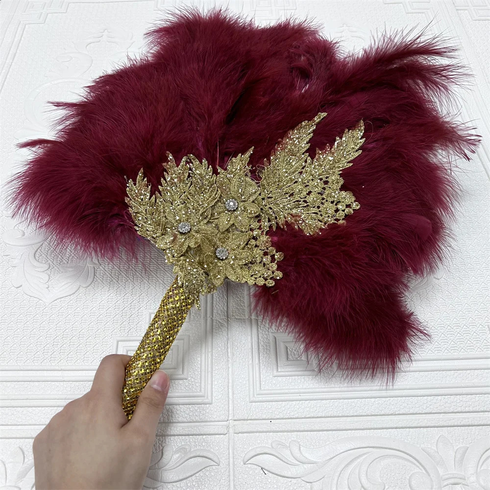 Other Event Party Supplies African Wine Turkey Feather Hand Fan Handmade Fans for Wedding Decoration Hand Fan with Flowers Single Side Feather Fan 231118