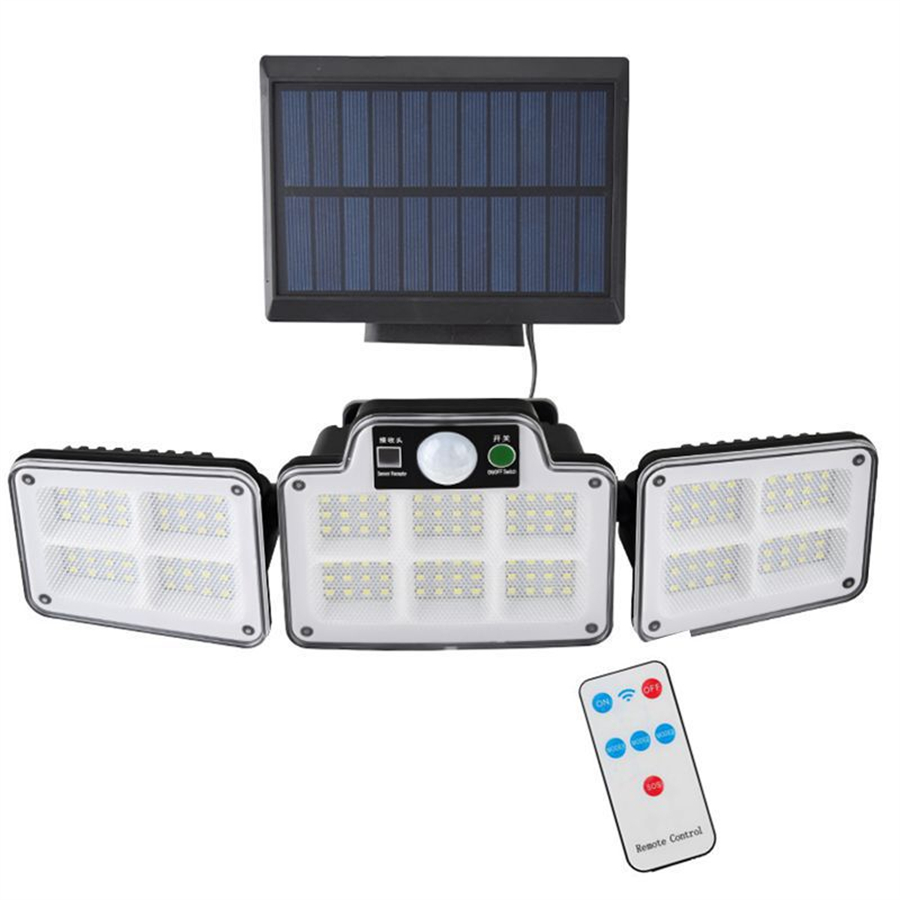 Lâmpadas solares de lâmpada de parede externa, 228 LED LED sem fio LED Sensor de inundação, 3 cabeças com 3 modos, IP65 à prova d'água e luz de inundação de segurança remota luz do dia