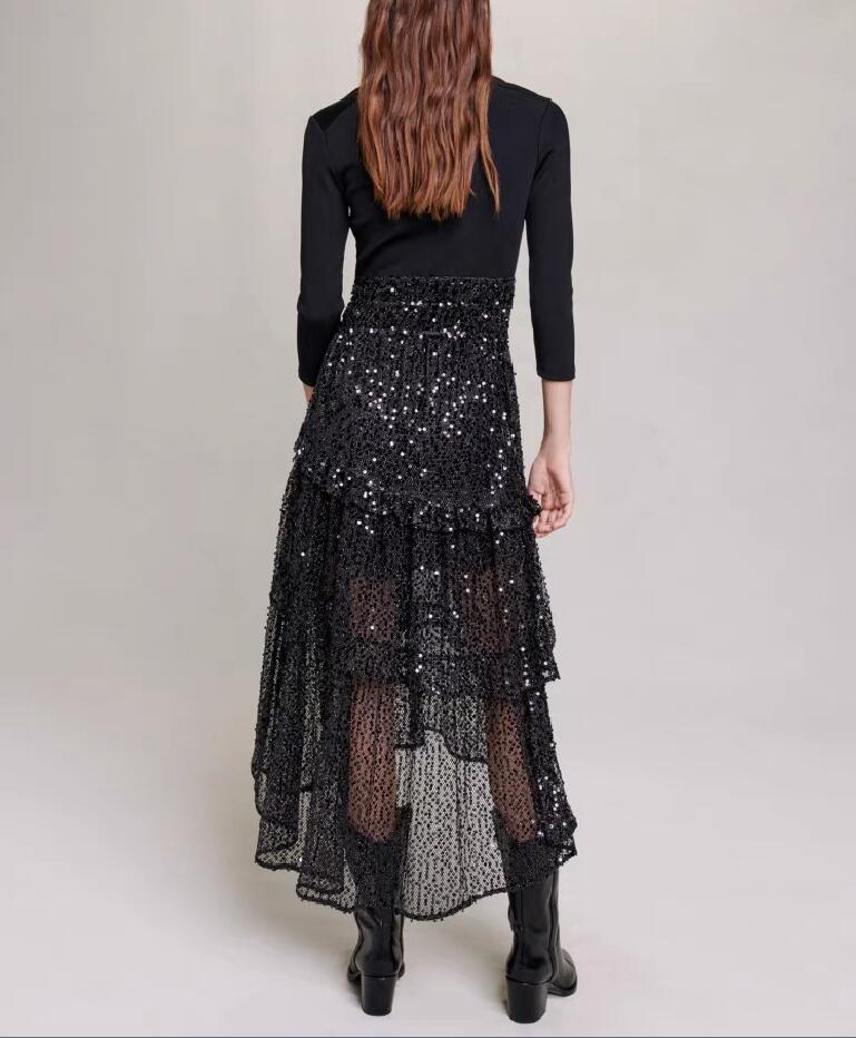 2023 Autumn/Winter ma-je New Women's Sequin Mesh Patched Cake Dress Dress