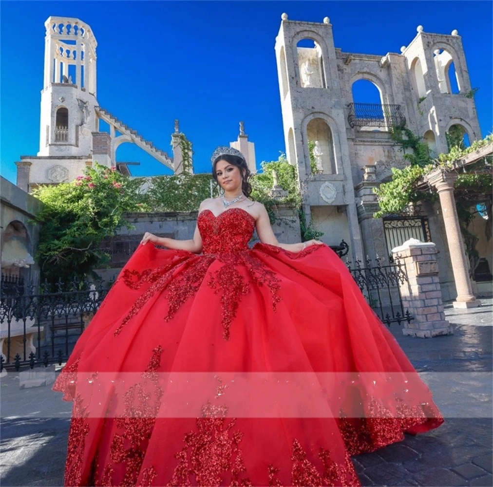 México vermelho querido vestido de baile quinceanera vestido de lantejoulas vestidos de festa de aniversário com manga doce 16 robe de bal