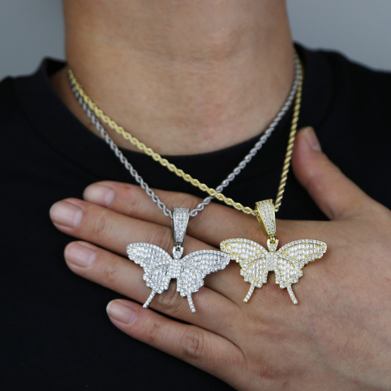 Iced Out Bling CZ PAVED Butterfly Pendant Halsband med repkedja Hip Hop Fashion Women Men smycken