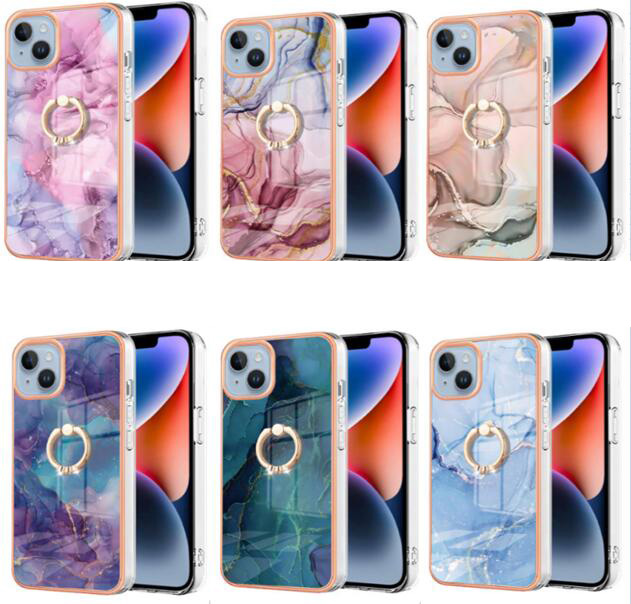 Metal Finger Ring Holder Soft TPU Cases For Samsung S24 Plus Ultra S23 FE A15 A05 A05S A25 5G Marble Flower 2.0mm IMD Bling Natural Granite Stone Rock Leopard Phone Cover