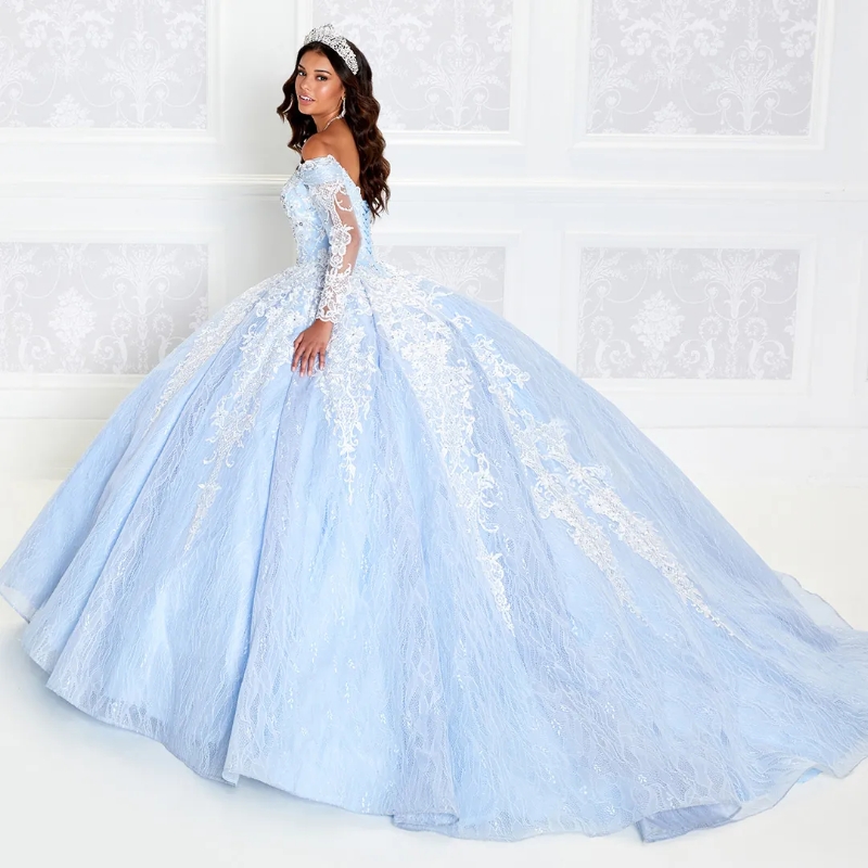 Bleu ciel brillant Quinceanera robe hors de l'épaule princesse robe De bal Tulle Appliques dentelle perles douce 16 robe robes De 15 Anos