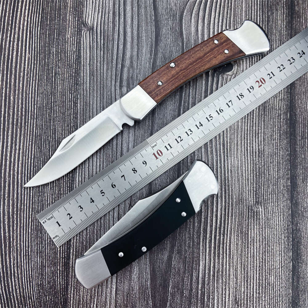 BK 110 Folding Hunter Pocket Knife 3.75" D2 Blade Black G10 and Wooden Handle with Sheath Outdoor Tactical Survival Utility Tool 398