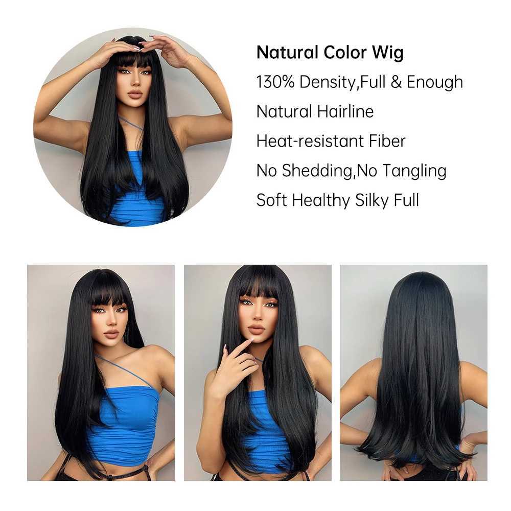 Perucas de cabelo longa peruca sintética reta com franja preto escuro cinza para mulheres cosplay natural resistente ao calor em camadas 231121