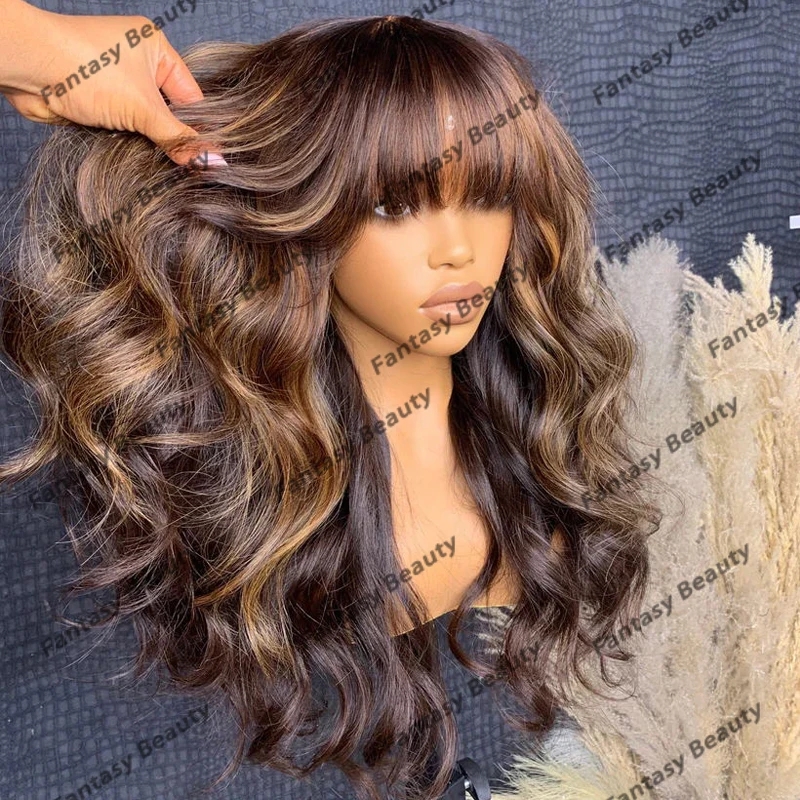 Perruque Lace Frontal Wig 360 naturelle sans colle, cheveux humains, Body Wave, frange, 13x6, à reflets, pre-plucked, pour femmes