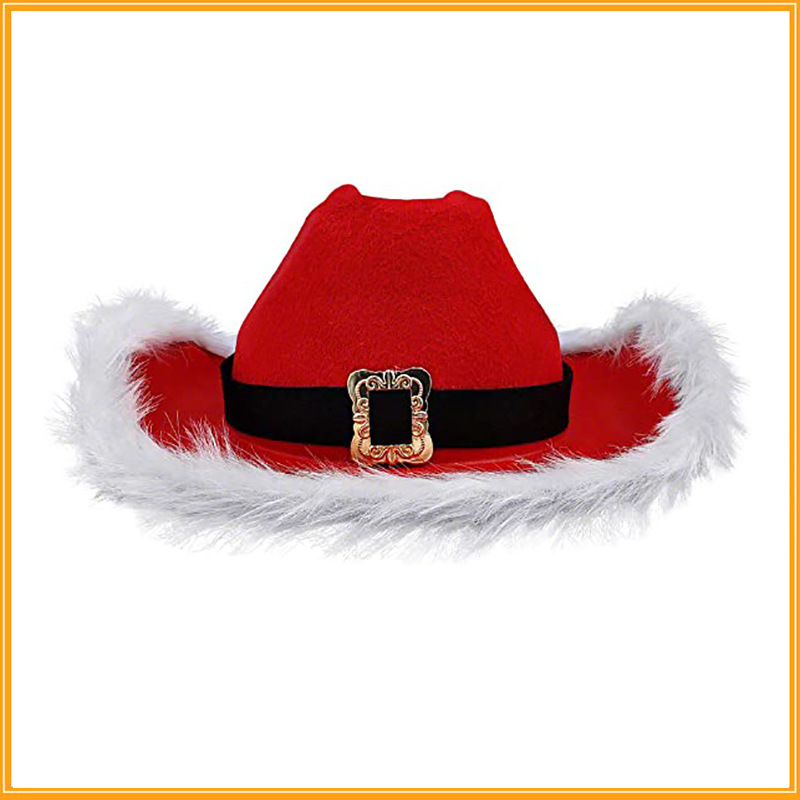 Christmas Party Cowboy Feather Hat Artificial Fur Edge Non glowing Red Santa Claus Hat Western Carnival Hat