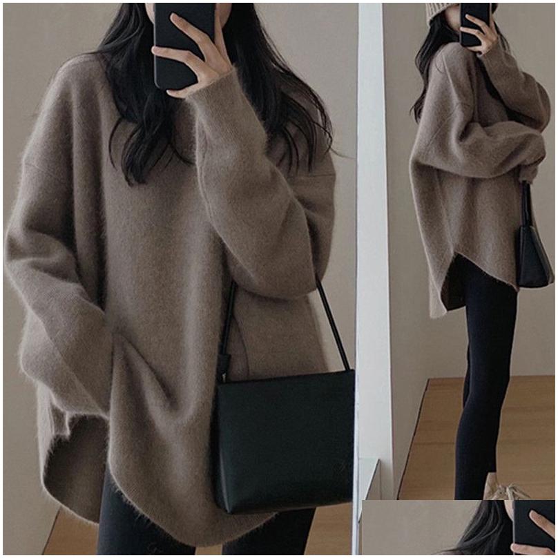Womens Sweaters Idle Style Loose Round Neck Solid Color Sweater For Women 2023 Autumn And Winter New Korean Casual Side Slit Knitted P Dhqu1