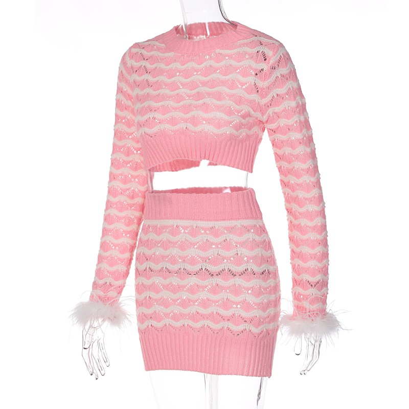 Roze schattig 2-delig damespak met streeppatroon gebreide crop top sweater en minirok twinset SML