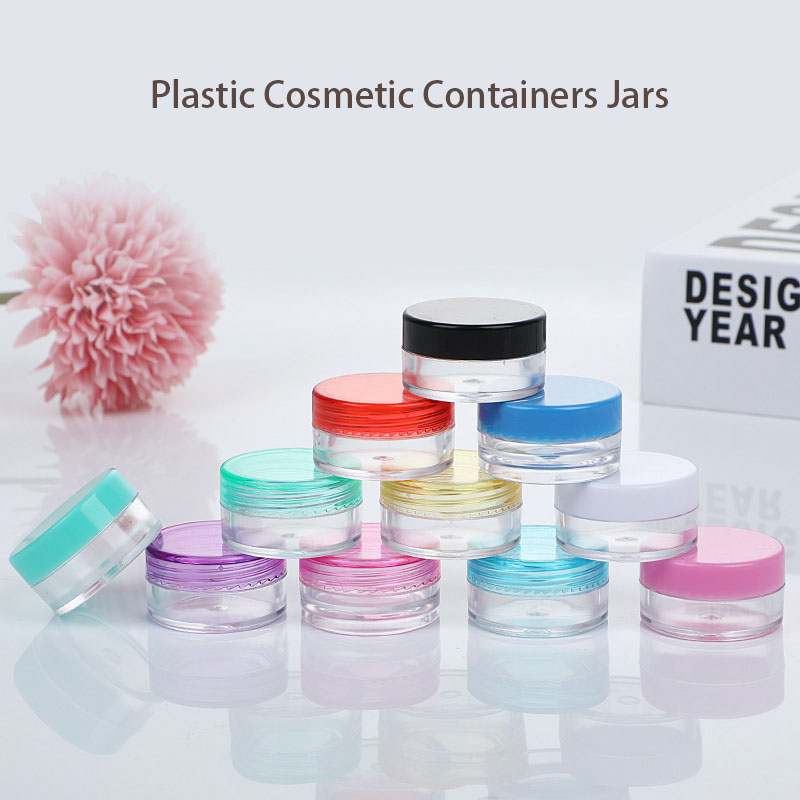 Refillerbara klara tomma plastiska kosmetiska behållare burkar med färgade lock sminkprovflaskor akrylplastprovburkar för kosmetiska krämer makeup 3G/5G/10G