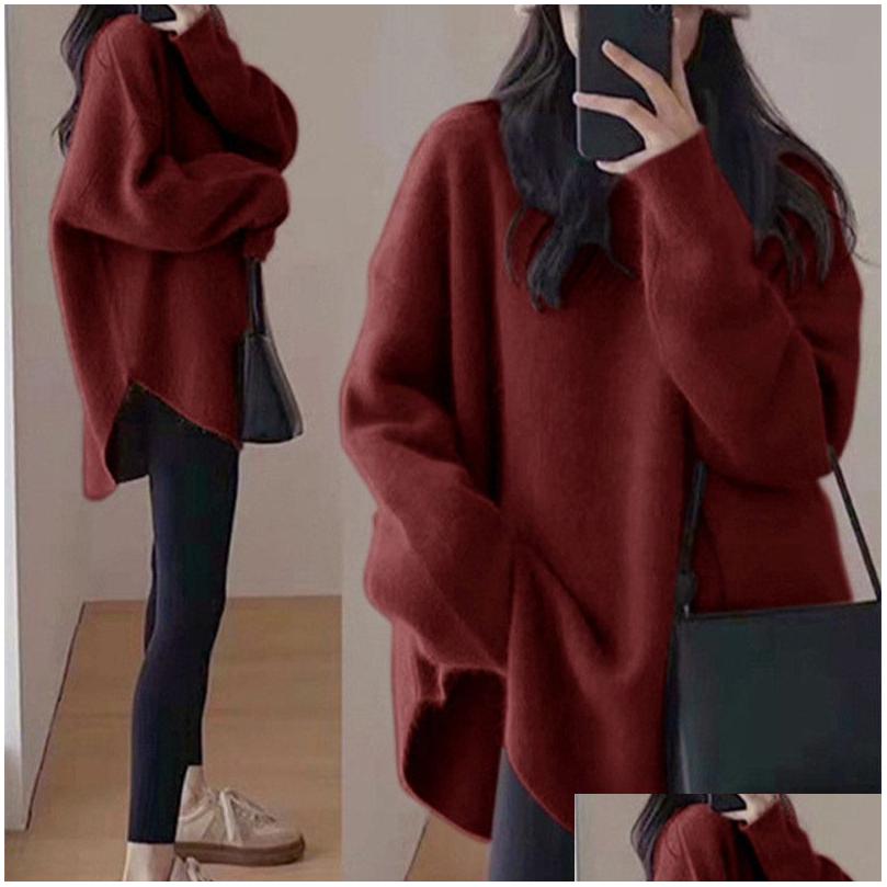 Womens Sweaters Idle Style Loose Round Neck Solid Color Sweater For Women 2023 Autumn And Winter New Korean Casual Side Slit Knitted P Dhqu1