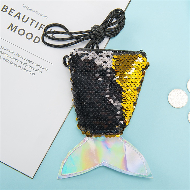 Tillbehör Förpackning Mermaid Tail Sequin Hanging Strap Zero Wallet Children's Oblique Cross Long Rope Coin Bag Small Wallet Organizers LT372