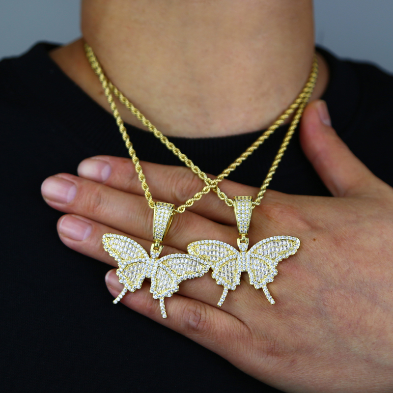 Iced Out Bling CZ PAVED Butterfly Pendant Halsband med repkedja Hip Hop Fashion Women Men smycken