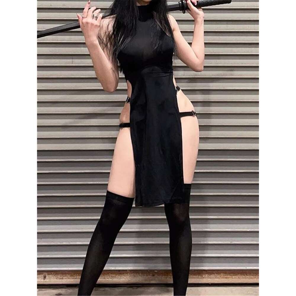 CHEEKDOURL женский летний Y K сексуальный черный однотонный пуловер без рукавов с полым боковым разрезом и высокой талией платье макси для молодоженов