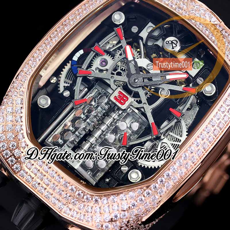 Relógio masculino Bugatti Chiron Tourbillon Autoamtic com mostrador esqueleto de motor de 16 cilindros com incrustações de diamantes gelados, pulseira de borracha preta trustytime001Relógios BU200.40