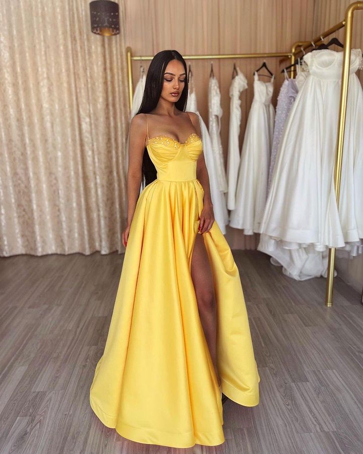 Sexy Yellow A Line Prom Dresses Long for Women Spaghetti Straps Sweetheart High Side Split Formal Occasions Evening Birthday Party Second Reception Pageant Gowns