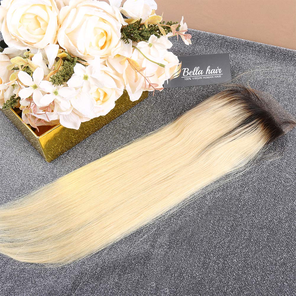 Волосы Bella Silky Straight 1B / 613 Темные корни Блондинка с кружевной застежкой Remy Virgin Human Hair Closure Piece Бесплатная часть Ombre Blonde Двухцветные кружевные застежки с детскими волосами