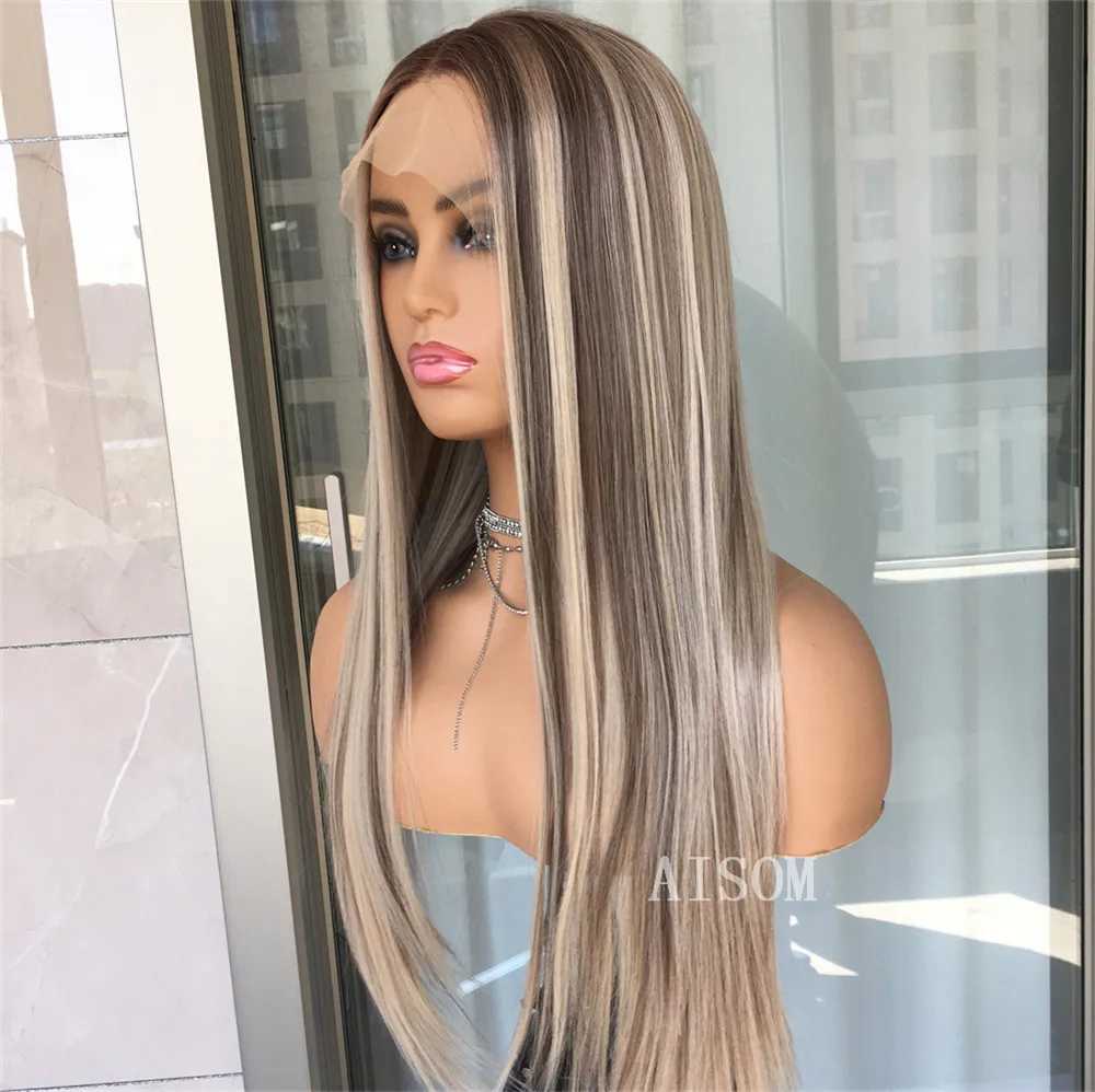 Perucas de cabelo destaque loira platina reta peruca dianteira do laço sintético para mulheres sem cola frontal pré arrancado colorido 231121