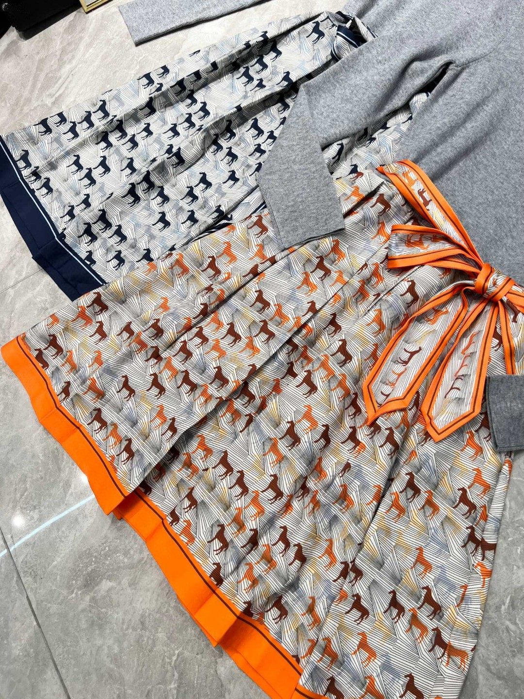 2024 Orange/Blue Print Women Dress Designer Knitting Patchwork Slim Dresses Milan Runway Long Sleeves Dress 112107