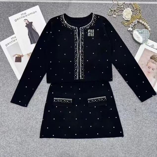 Women's o-neck knitted rhinestone logo embroidery sweater cardigan and a-line short skirt set dress suit SML