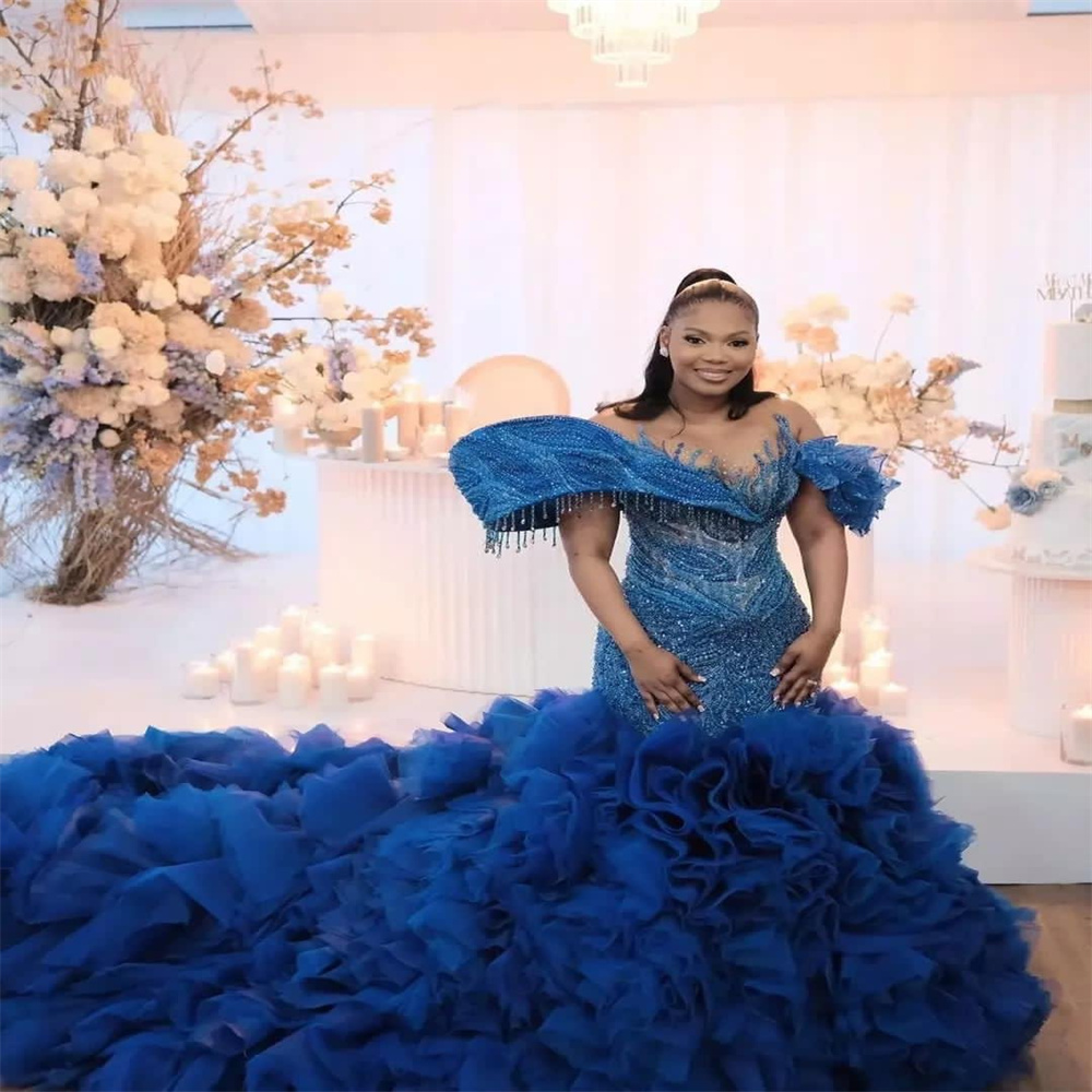 2023 Aso Ebi Bleu Marine Robe De Bal Sirène Paillettes Dentelle Glands Soirée Formelle Deuxième Réception Anniversaire Fiançailles Robes De Demoiselle D'honneur Robes ZJ017