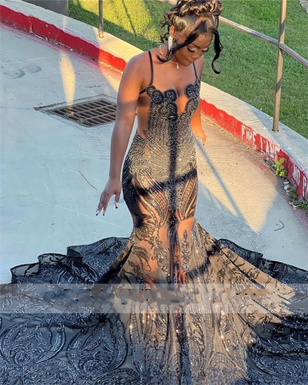 Shinny Black Sequined Lace Crystal Rainstones Prom Dresses For Black Girls Mermaid Dress Special Occasions Occasion Gowns For African