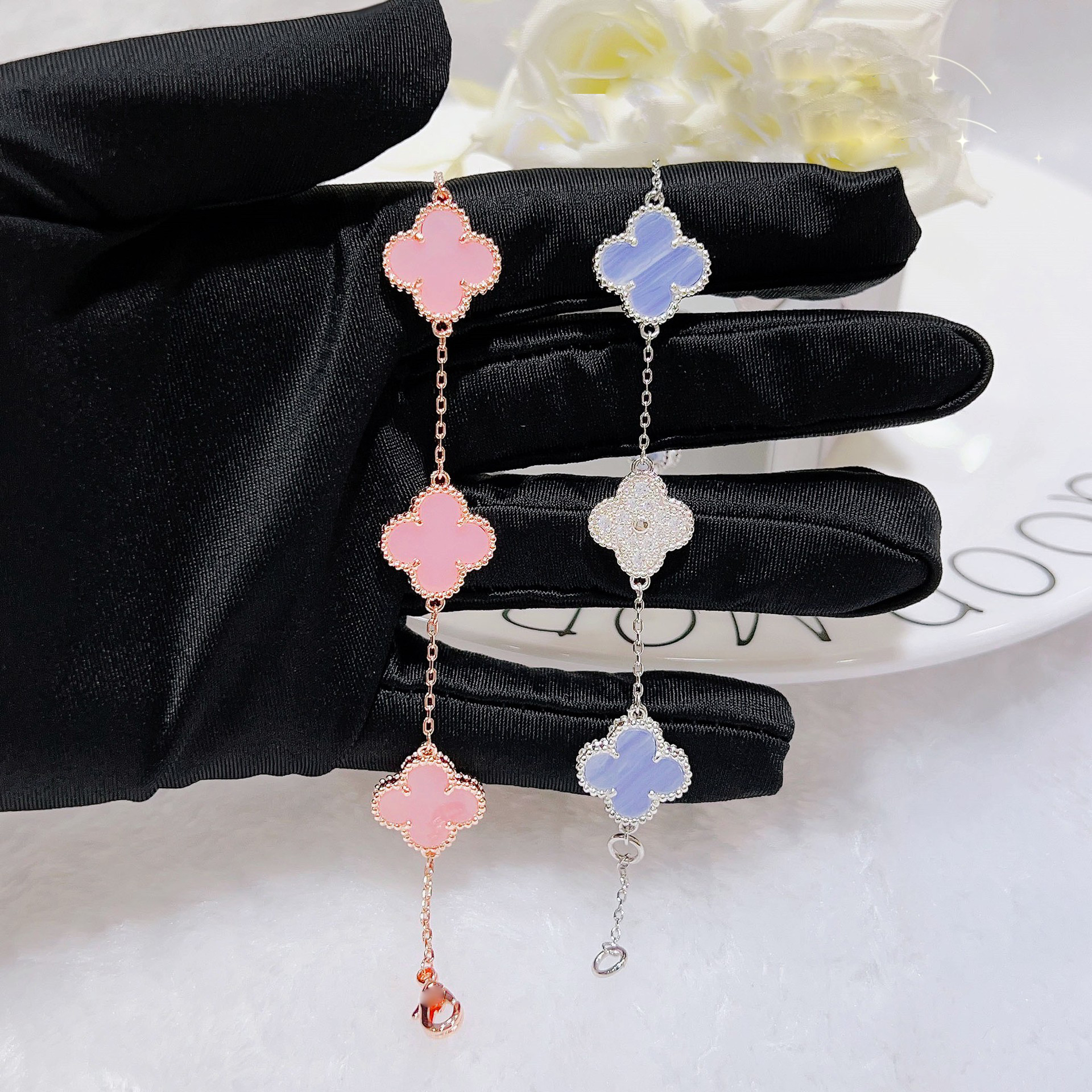 Marca de lujo amor Van trébol diseñador pulsera con dijes para mujer piedra púrpura claro bling diamante pavo consistente clavo de tenis 4 joyería de hojas de cuatro hojas