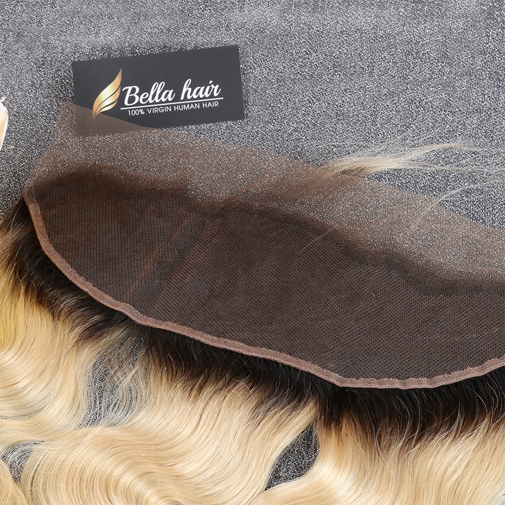 Bella Hair Ombre 1b/613 Lace Frontal with Dark Roots, 13x4 Ear to Ear Frontal Virgin Human Hair Sleek Straight Body Wave Pre Plucked with Natural Hairline SALE