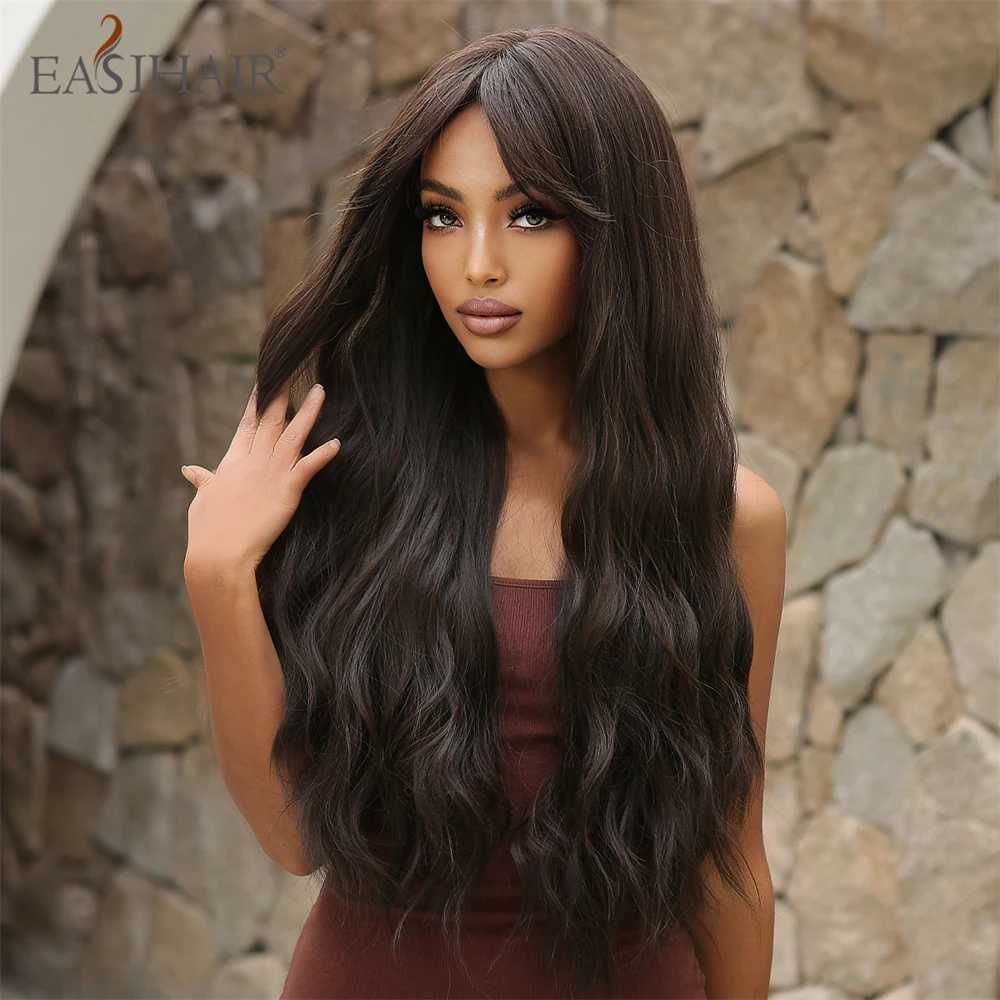 Perucas de cabelo Easihair longo marrom preto ondulado sintético com bang onda natural peruca para mulheres diariamente cosplay fibra resistente ao calor 231121