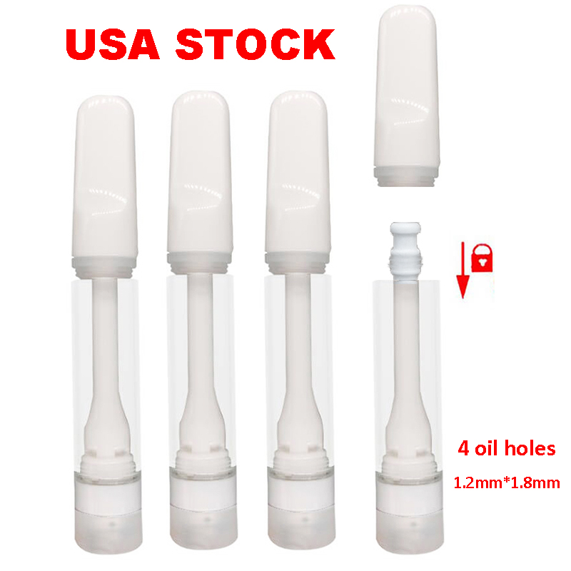 USA STOCK 0.8ml Full Ceramic Vape Cartridges E-cigarette Carts Atomizers Thick Oil Empty Glass Tank Snap in Tip Ceramic Coil Vaporizer 4 Holes 510 thread Lead Free Carts