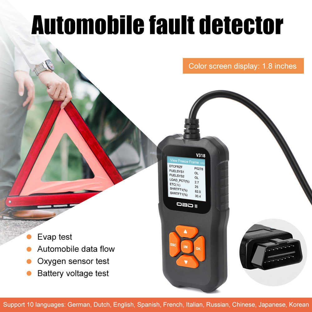 V318 OBD2 Сканер Сканер Диагностика Инструментального двигателя снятие двигателя Очистка. Инструменты света сбоя двигателя 10 языков