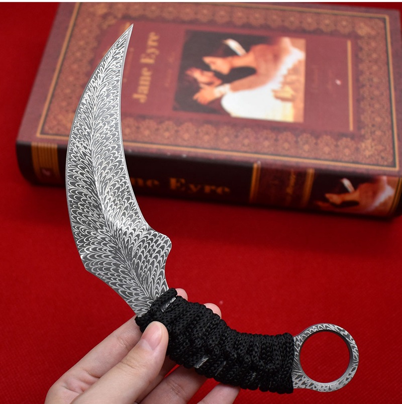 Specialerbjudande A1901 Karambit Knife 420C Laser Mönster Blad Full Tang Paracord Handle Fixed Blade Tactical Claw Knives