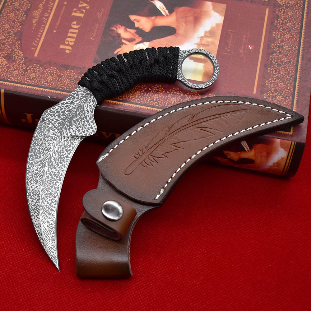 A1901 Karambit Knife 420C Laser Pattern Blade Full Tang Paracord Handle Fixed Blade Tactical Claw Knives with Leather Sheath