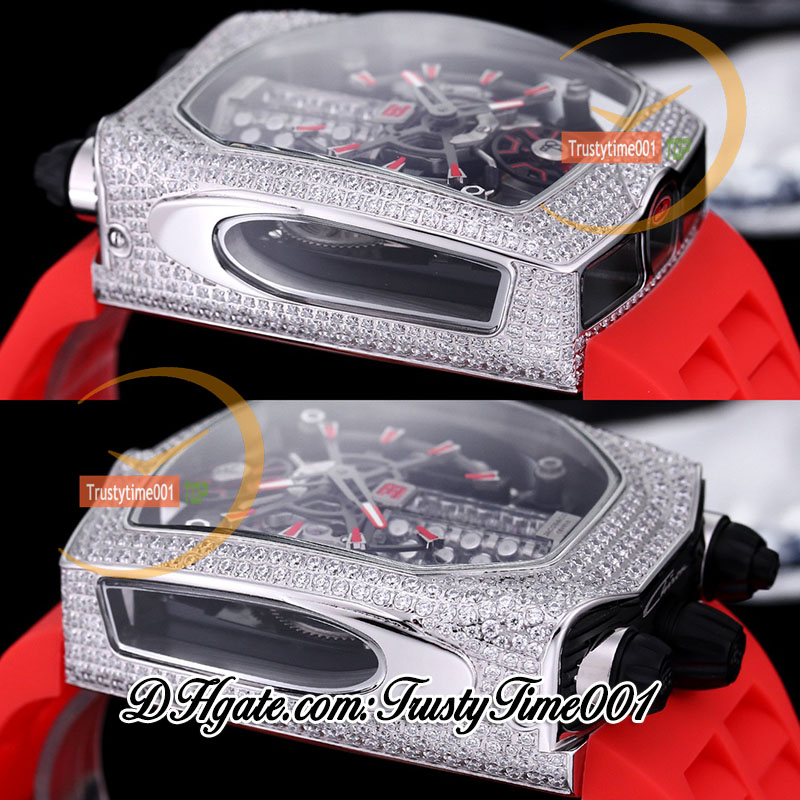 Relógio masculino Bugatti Chiron Tourbillon Autoamtic com mostrador esqueleto de motor de 16 cilindros com incrustação de diamantes gelados e pulseira de borracha vermelha trustytime001Relógios BU200.30