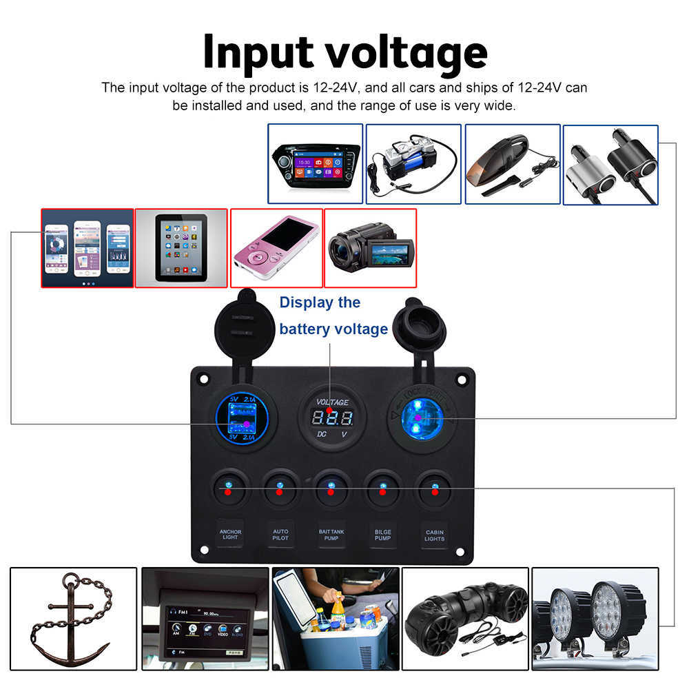 Pannello interruttori a bilanciere a LED con voltmetro digitale Doppia porta USB 12V Presa combinata Interruttori impermeabili auto Marine Boat