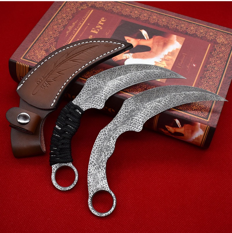 A1901 Karambit Knife 420C Laser Pattern Blade Full Tang Paracord Handle Fixed Blade Tactical Claw Knives with Leather Sheath