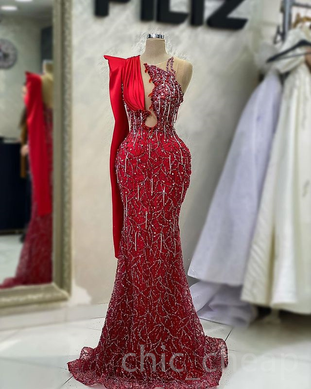 2023 April Aso Ebi Red Mermaid Prom Dress Crystals Pearls Lace Evening Formal Party Second Reception Birthday Engagement Gowns Dresses Robe De Soiree ZJ501