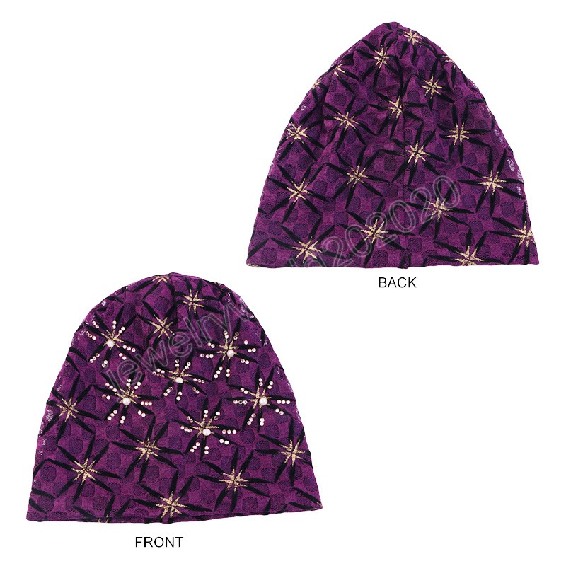 Moda Fashion renda Turbano Slouchy Skull Skull Cap Purple Muçulmano Hijabs Mulheres Capace Soft Cabeça Wrap Wrap Spring Autumn Chap