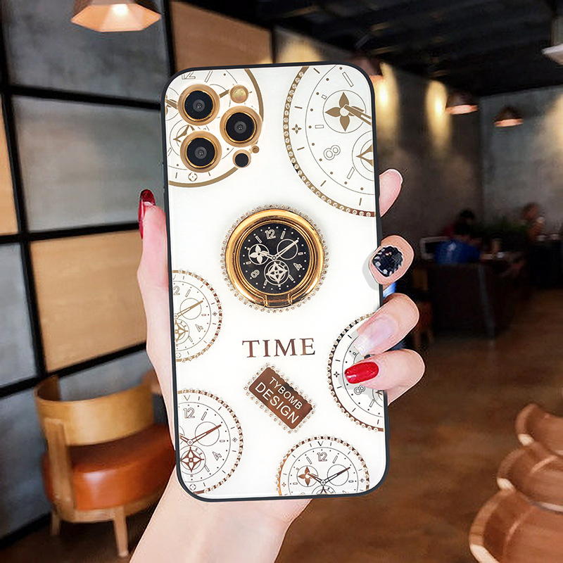 Tybomb Clock Bling Diamond Cases For Iphone 15 14 Pro Max 13 12 11 XR XS 10 X 8 7 Plus Fine Hole 360 Degree Finger Ring Holder Crystal Stylish Fashion Hard PC TPU Back Cover