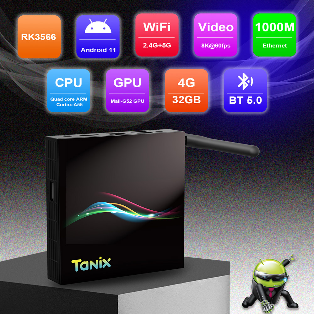 Caixa de TV Tanix TX66 Android 11 RK3566 Quad-core ARM MALI-G52 4G 32G BT 5.0 2.4G5G WIFI 8K Set Top Box Player Player Player